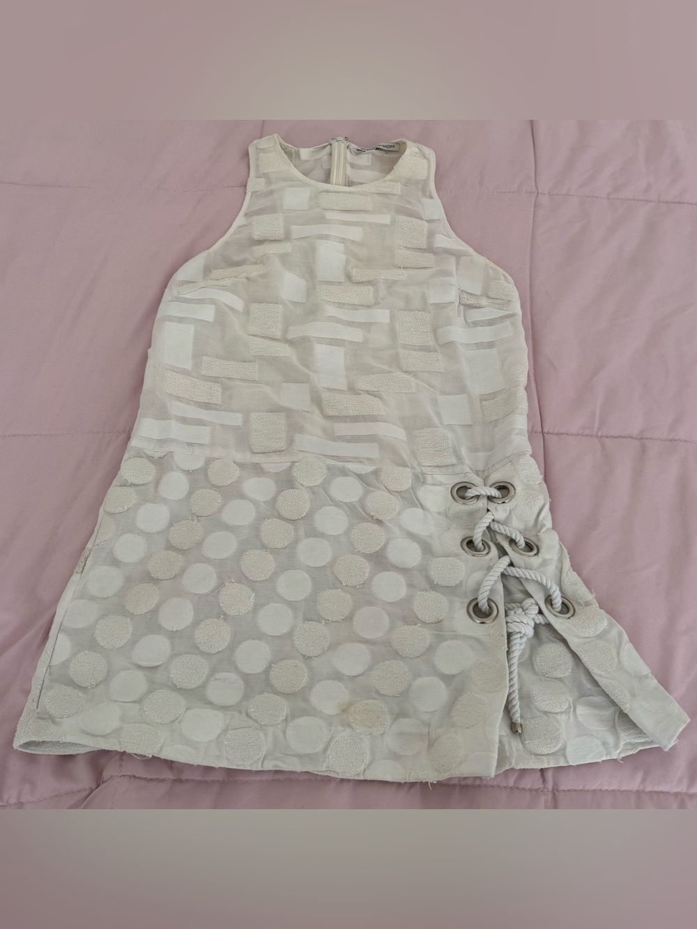Rebecca Minkoff White Textured Lace-Up Mini Dress, size S raceback semi-sheer
